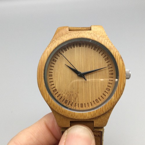 Wood Watch Men 45mm Light Wooden Finish Suede Leather Band New Battery - Bild 9 von 17