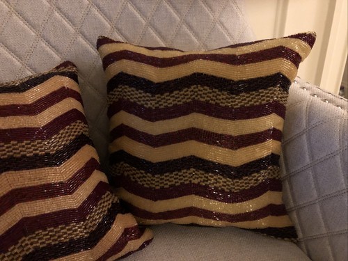 Decorative Set Of Accent Pillows Square Beaded Showroom Samples, Fall Foliage. - Picture 2 of 9
