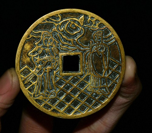 Penna amuleto moneta ricchezza 5,5 cm antica dinastia Qing bronzo Feng Hou Baixiang - Foto 4 di 4