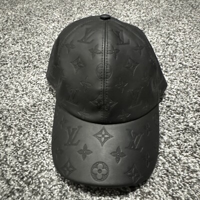 Louis Vuitton Mens Baseball Cap Black Leather Embossed Monogram Size 58