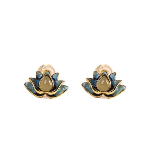 Real 925 Sterling Silver Stud Women Natural Jade Enamel Lotus Flower Earrings - Picture 5 of 6