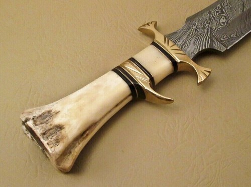 BEAUTIFUL CUSTOM HAND MADE DAMASCUS STEEL HUNTING BOWIE KNIFE HANDLE CAMEL BONE - Picture 5 of 7