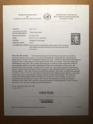 JOAN LUBY - NACIONES UNIDAS (GRÁFICO ARTÍSTICO WFUNA) 1973 - ABUSO DE DROGAS - Imagen 4 de 4