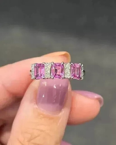 1Ct Emerald Lab-Created Pink Sapphire Women's Wedding Ring 14K White Gold Finish - Picture 4 of 4