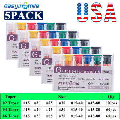 5pk Dental Endodontic Gutta Percha Points Root Canal 02/04/06Taper 15-40# 45-80#