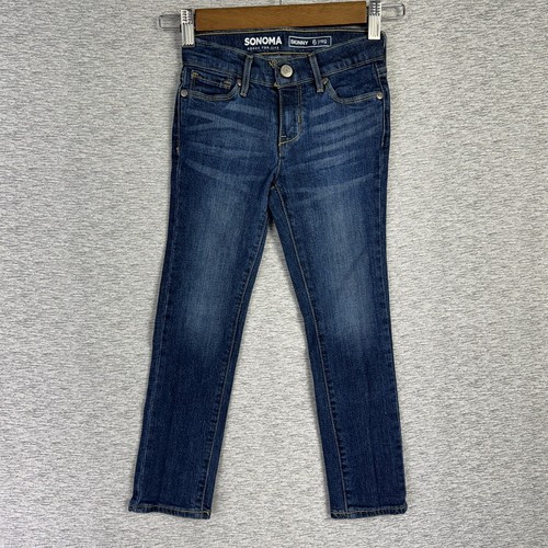 Sonoma Skinny Jeans Girls Size 6 Reg Dark Wash Adjustable Waist Whiskered Blue - Picture 1 of 13