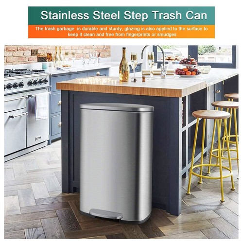 13.2 Gallons Step-On Trash Can Stainless Steel Kitchen Garbage Can Home Office - Picture 6 of 7