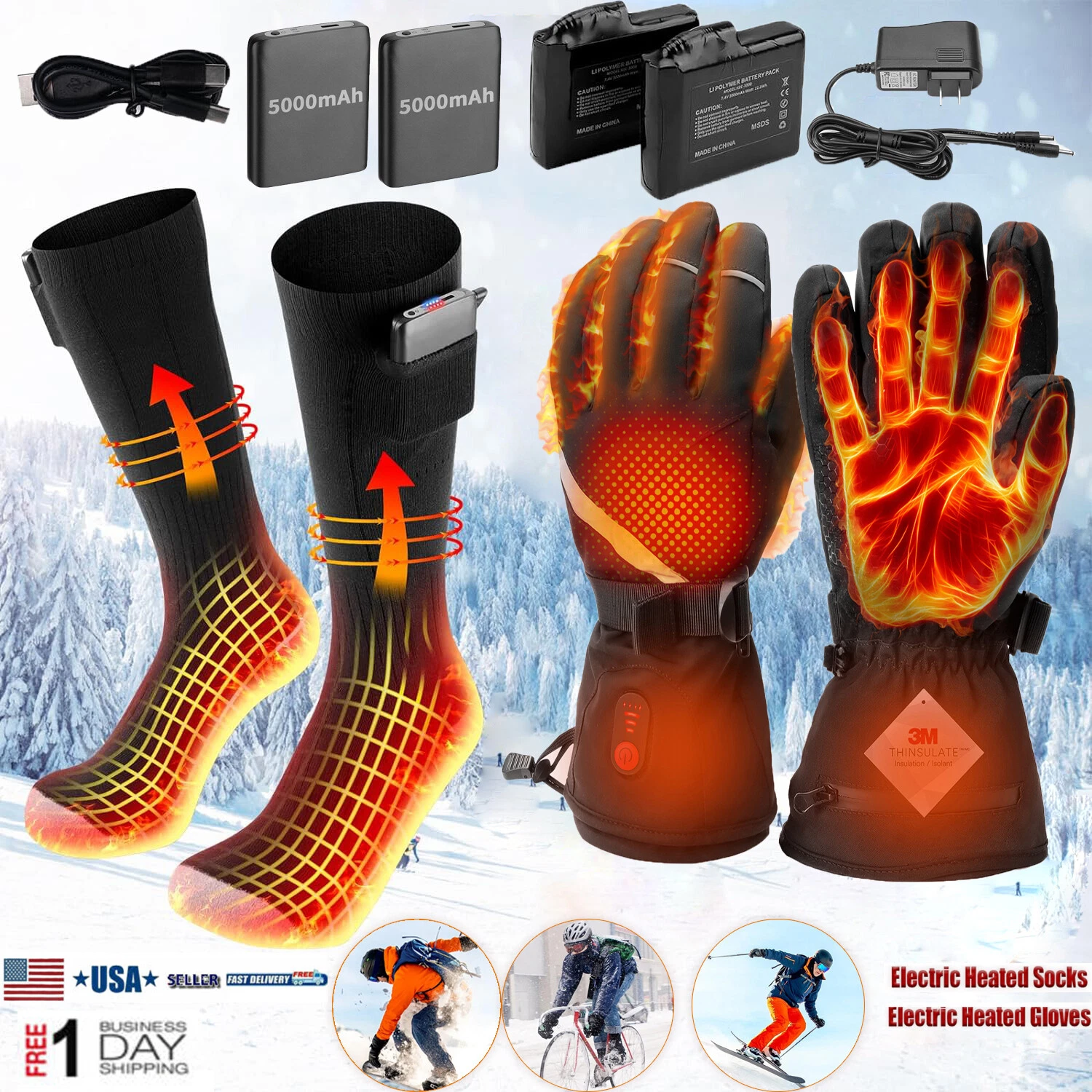 Electric Heated Socks +Heated Gloves Rechargeable Battery Winter Men Women Socks