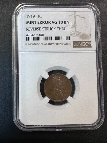 1919 Lincoln Wheat Cent NGC Reverse Struck Thru / Strike Through MINT ERROR