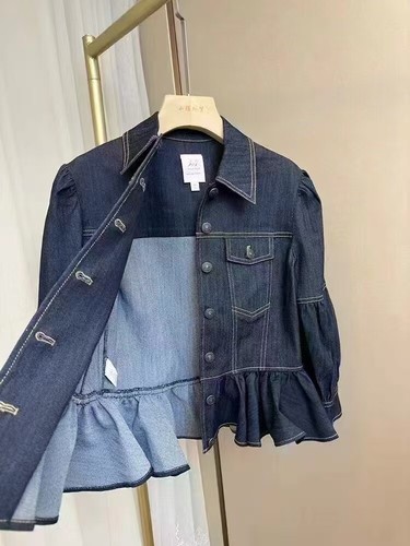 Women Cinq A Sept Cotton Collared Ruffle 3/4 Sleeve Denim Coat Jacket - Picture 6 of 9