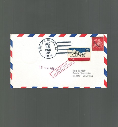US First Flight Cover Dallas Forth Worth to Bogota Colombia Fam 34 F34-100fa