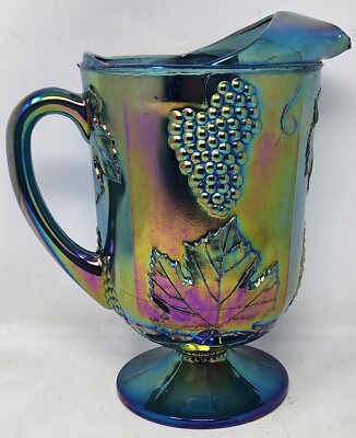 Vintage Blue Indiana Carnival Glass Pitcher Harvest Grape Fruit Aqua Green