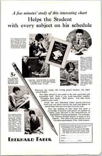 PRINT AD 1929 Eberhard Faber Pencil Helps Student with Every Subject 6.75 x 10 - Imagen 1 de 3
