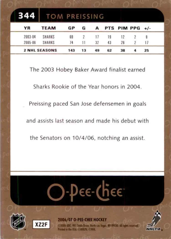 2006-07 O-Pee-Chee Tom Preissing #344 - Image 2 of 2