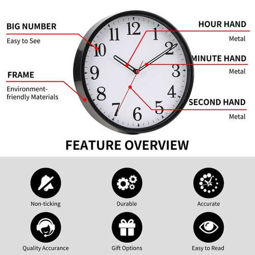 Wall Clock Modern 9 Inch Battery Operated Wall Clocks - Silent Non Ticking Cl... - Picture 4 of 7