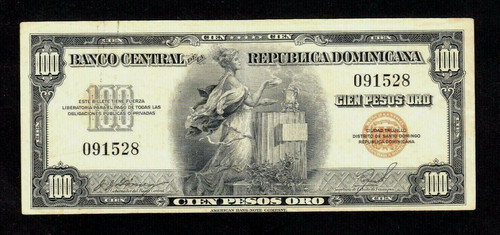 Dominican Republic 100 Pesos oro 1947-50  P-65    F+