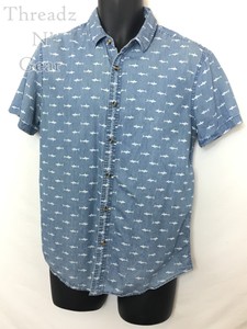 Forever-21-Men-039-s-Blue-Fitted-SS-Button-Up-Shirt-with-SHARK-PRINT-Size-Medium