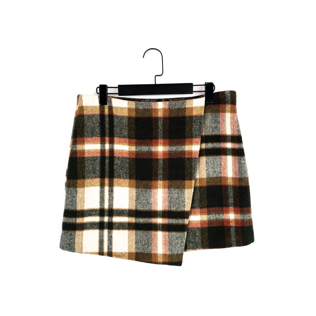 Next Green Orange Check Wool Blend Wrap Style Mini Skirt - Size 12 | eBay