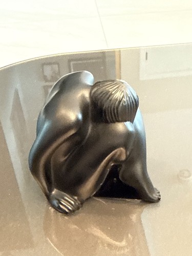 Lalique France Black Frosted Crystal Figurine Nude Meditating Paperweight 2-1/4" - Picture 2 of 6
