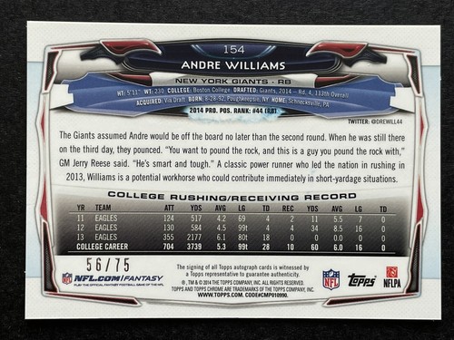 ANDRE WILLIAMS #56/75 ~ 2014 Topps Cromo BCA ROSA Automático Paralelo ~ GIGANTES - Imagen 2 de 3
