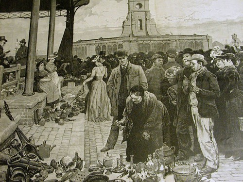 Caldonia Market Londres OFERTAS MERCADO DE PULGAS ANTIGUAS 1892 Grabado folio grande - Imagen 3 de 8