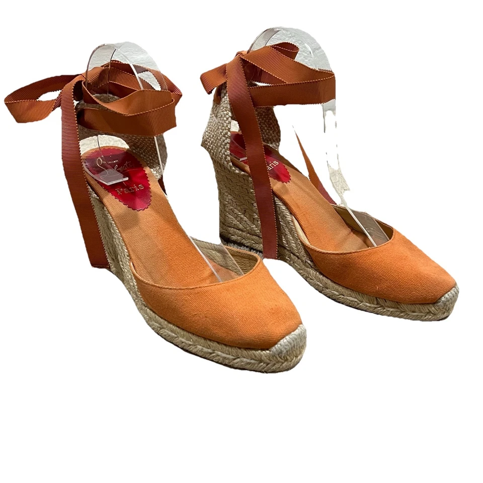 CHRISTIAN LOUBOUTIN BRIGITTE Naranja Lona Alpargata Tacones Cuña Talla 8.5 Foto 4 de 4