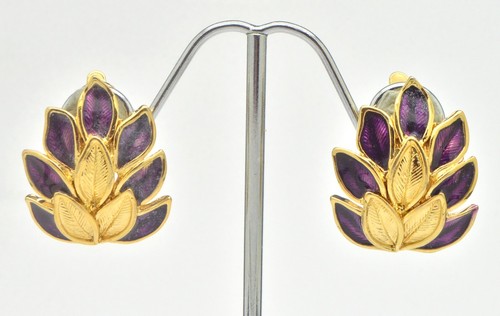 Orecchini vintage TRIFARI anni 80 eleganti foglie smalto viola tono oro gioielli - Foto 2 di 9