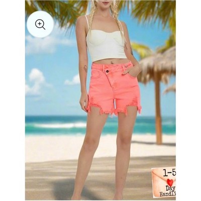 #887 Risen High-Rise Coral Distressed Denim Shorts for Women. Adorable!