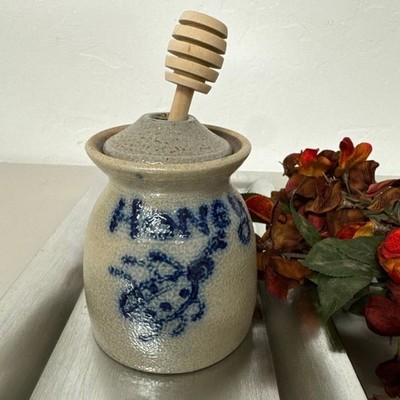 Honey Pot Stoneware Glazed with Wood Dipper Decorative Kitchen Storage