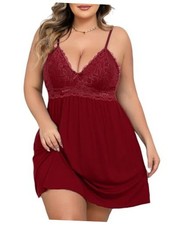 Oberitiny Lingerie for Women Lace Modal Chemises Nightgown V-Neck XX-Large Red