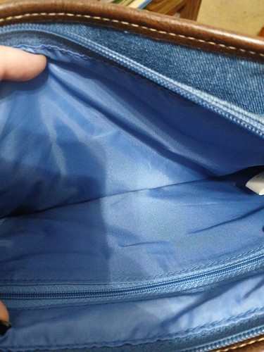 Bolso de Hombro Ajustable Vintage Avon Azul Denim Cuero Marrón Borde - Imagen 4 de 4