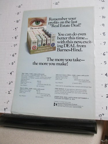 Zeitschriftenanzeige 1970 BARNES Hind Ophthalmic Sunnyvale CA Ladendisplay Kontaktlinse
