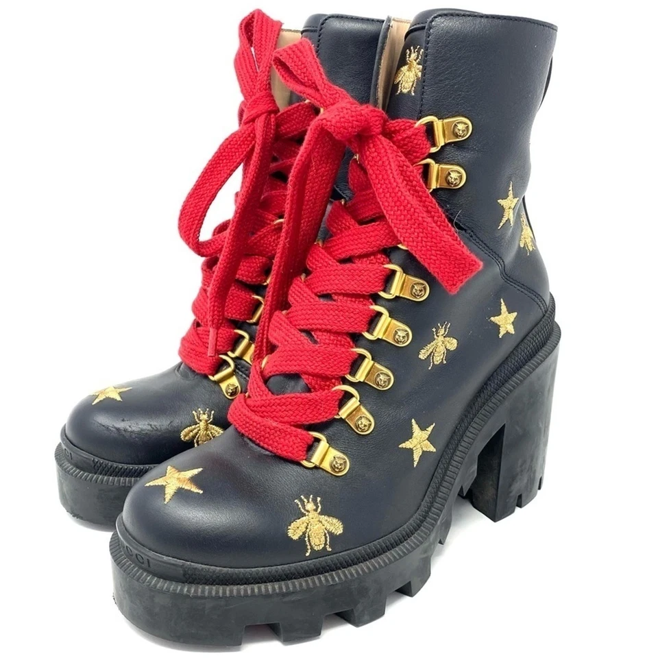 Gucci черный кожаный платформе боя ботинки пчелы и звезды красный кружева US6 EU35 - Изображение 2 из 4