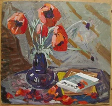 Ukrainian Soviet USSR Painting still-life impressionism book flowers tulips
