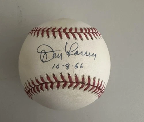 Don Larson Autographed Baseball, Perfect Game Date.
