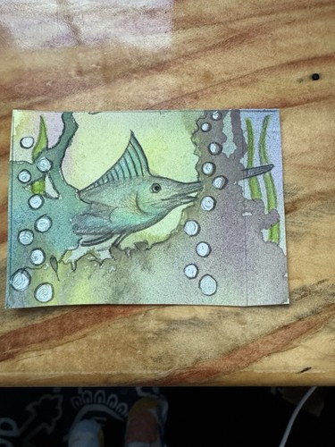 Tarjeta coleccionable de arte original Aceo Happy Swordfish en el océano arte de Sommer Rayn - Imagen 1 de 3