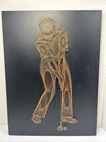Vintage Mid Century 3D String Wire Art Nail Man Golfing Golf Wall Decor 24x18 - 第 1/10 張圖片