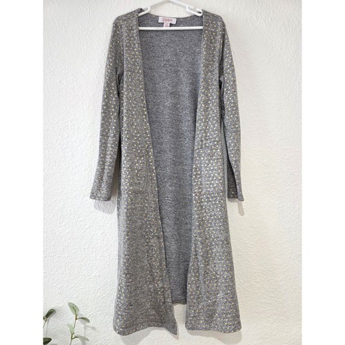 LuLaRoe Sariah Duster Cardigan Gray with Gold Foil Hearts - Girls Size 12