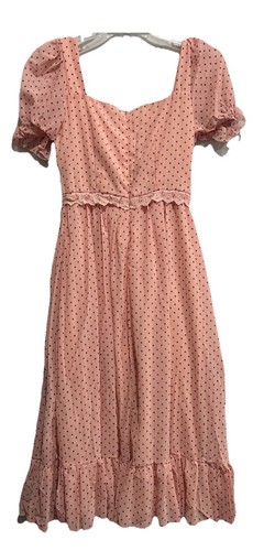 Pink Polka Dot Baby Doll Ruffle Ditsy Lined V-neck Zip Lace Sz Small MidI Retro - Picture 8 of 14