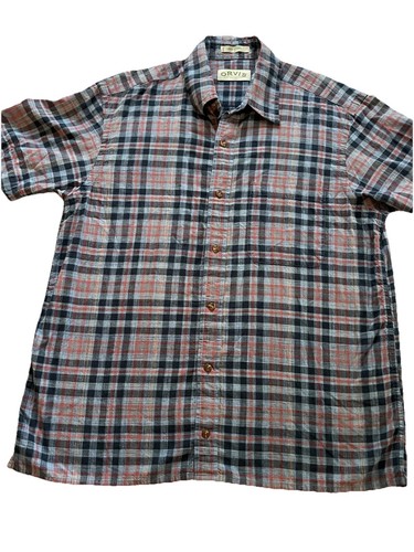 Orvis Short Sleeve Button Down Shirt Mens Large Blue Orange Plaid Camp