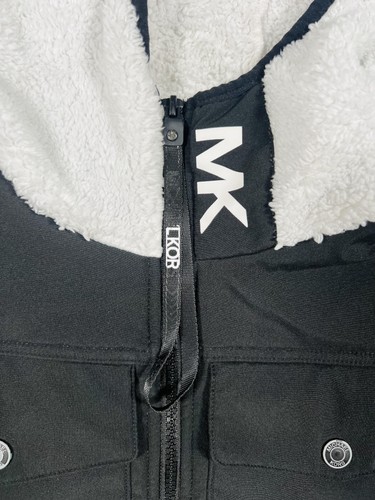Michael Kors Jacket Mens Medium Black White Fleece Hooded Sherpa Full Zip Logo - Picture 5 of 8