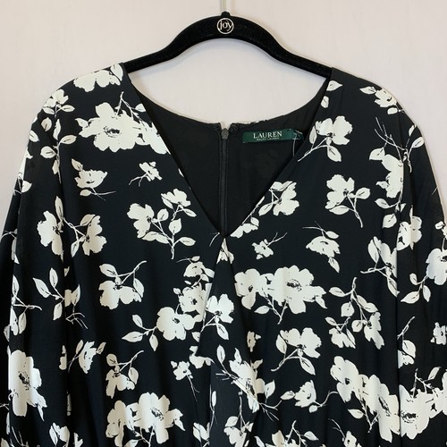 Ralph Lauren Dress Womens 12 Black White Floral Sheath Long Sleeve V Neck - Picture 4 of 20