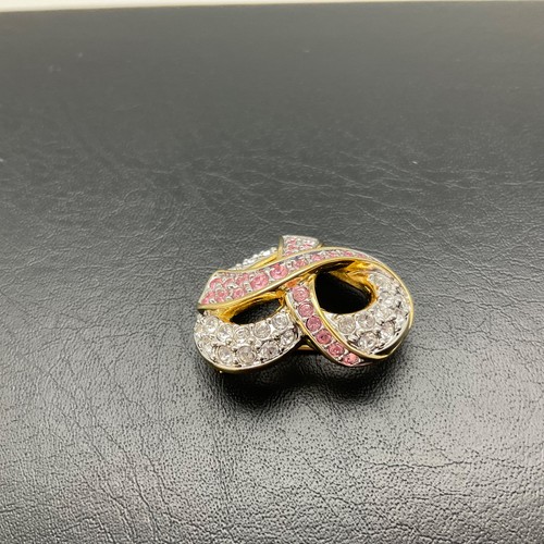Vintage herzförmige klare & rosa Swarovski Kristall Brustkrebs Band Pin - Bild 4 von 4