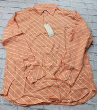 Perry Ellis Portfolio Button Up Shirt Men's Large Melon White Stripe Pattern