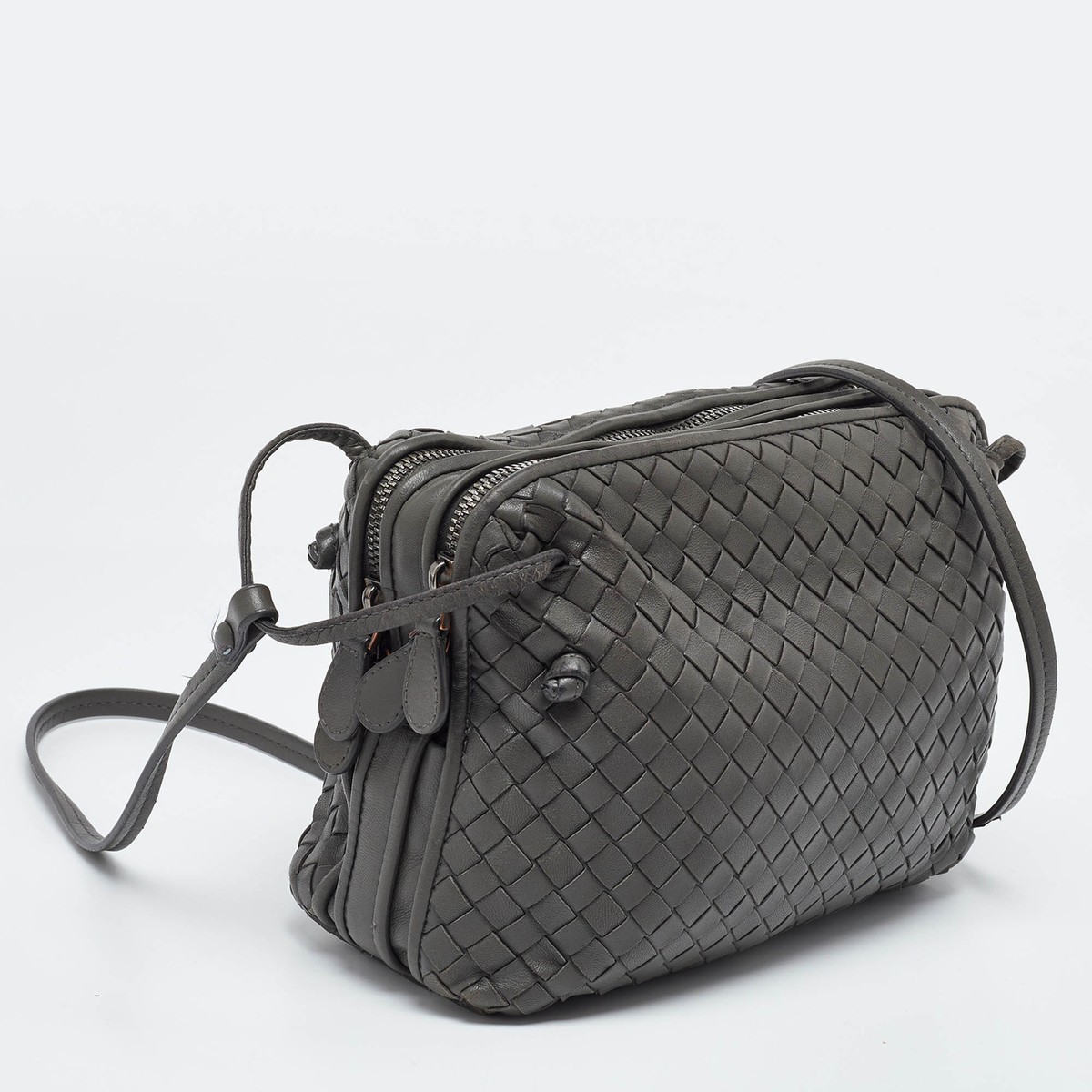 Bottega Veneta Grey Intrecciato Leather Nodini Double Zip Crossbody Bag. eBay
