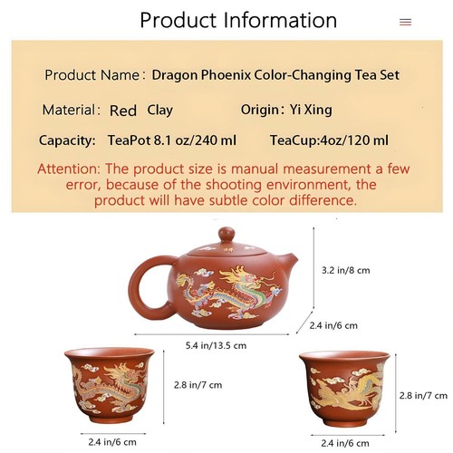 Hand Made Dragon And Phoenix Color Changing Purple Clay Teapot Cup Zisha Tea Set - Picture 3 of 6