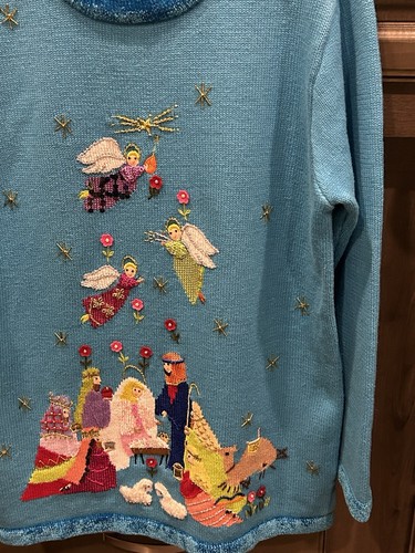 Aqua? Teal? Christmas Sweater Quacker Factory Large Nativity Angel Religious - Picture 5 of 11