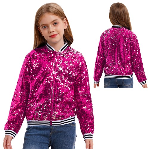 Kids Girls Coat Sequin Baseball Jackets Striped Trim Outerwear Sparkly Stylish - Picture 88 of 123