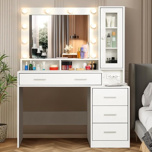 LED Schminktisch Frisiertisch mit 2/5 Schubladen und Steckdosen 1 Schrank Modern - Bild 40 von 67