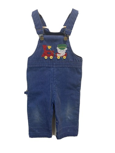 Vintage By Thomas Kids Train Themed Overalls Blue stripe Sz 24M 2T baby - Picture 1 of 6